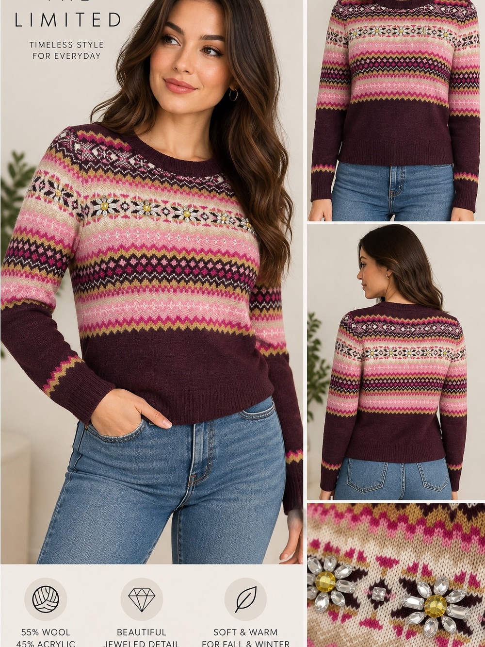 The Limited Burgundy and Pink Fair Isle Jewel-Detail Crewneck Sweater